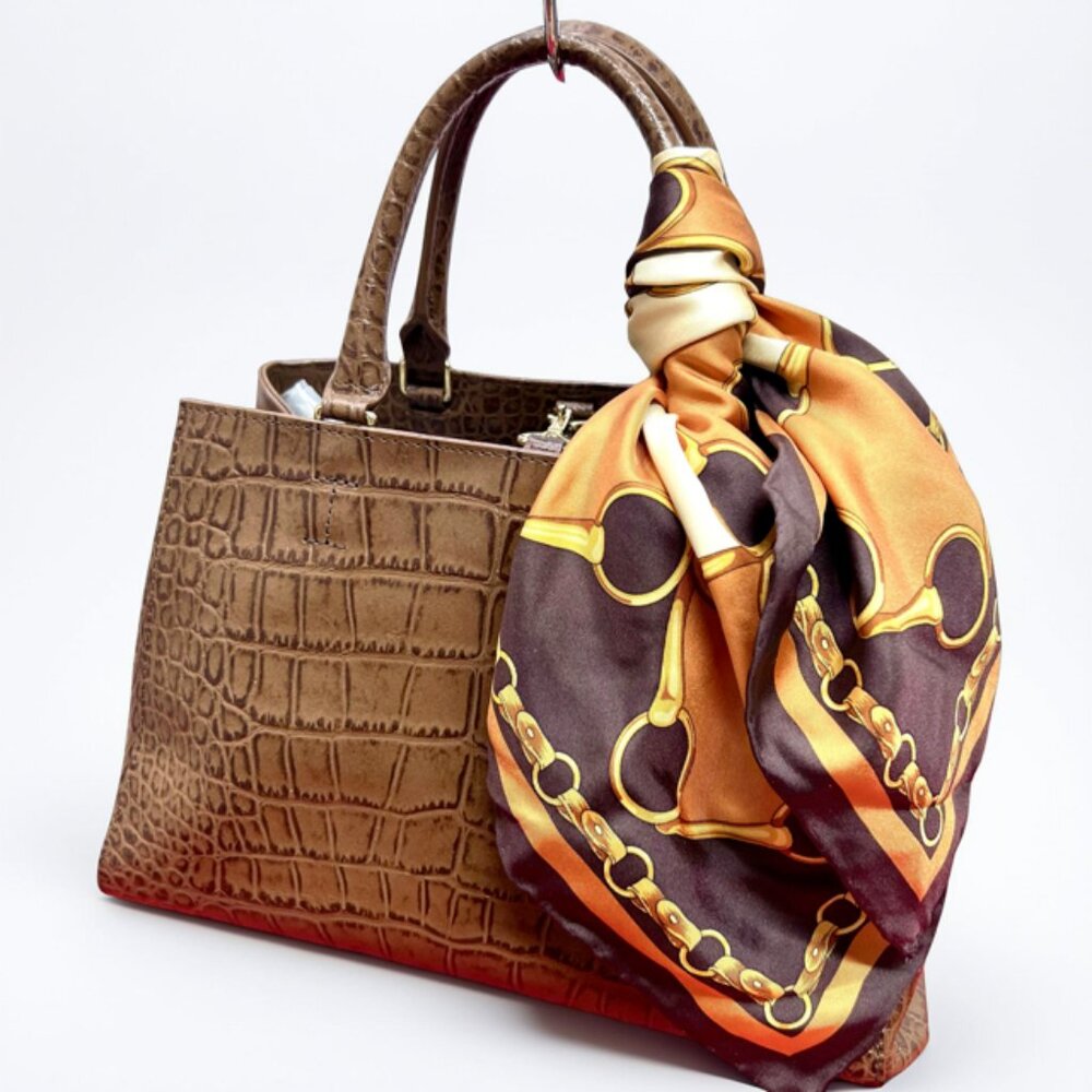 Unused  Cat In The Closet Leather Brown  Alligator Shoulder Bag+FREE Silk Scarf